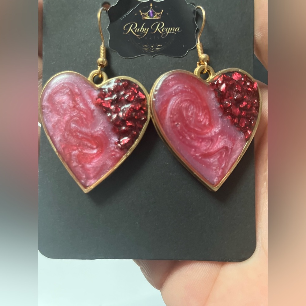Pink Heart Drop Earrings with Red Accent